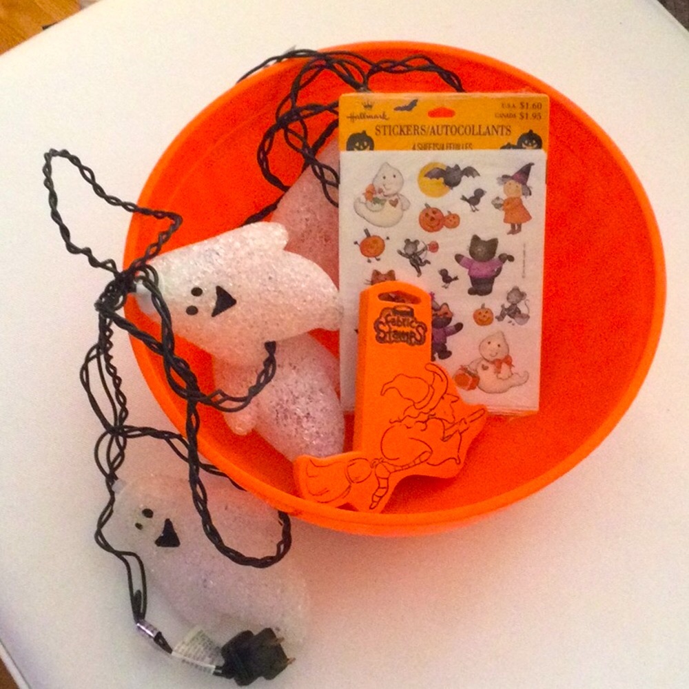 Halloween Decor Set - Treat Bowl, Witch Stamp, Stickers & Ghost String Lights